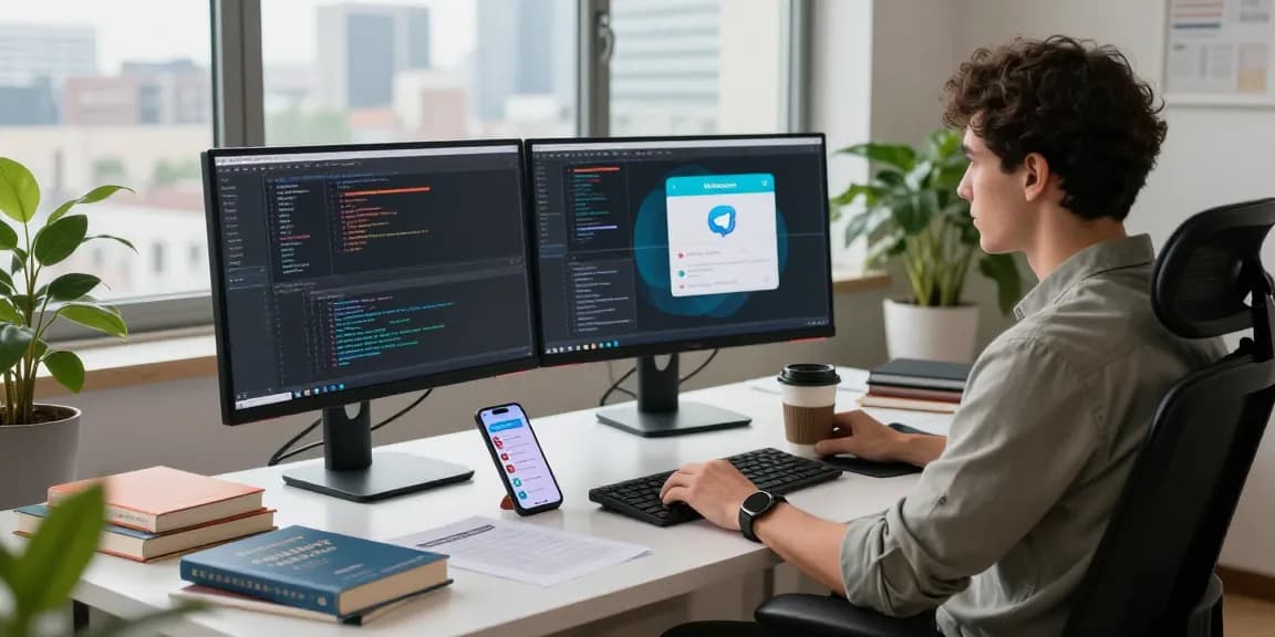 Developer coding while using Telegram Download on multiple screens in a modern workspace