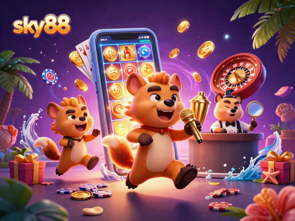 Sparkling gameplay at sky88 with lively hyenas in a vibrant comedy casino scene.