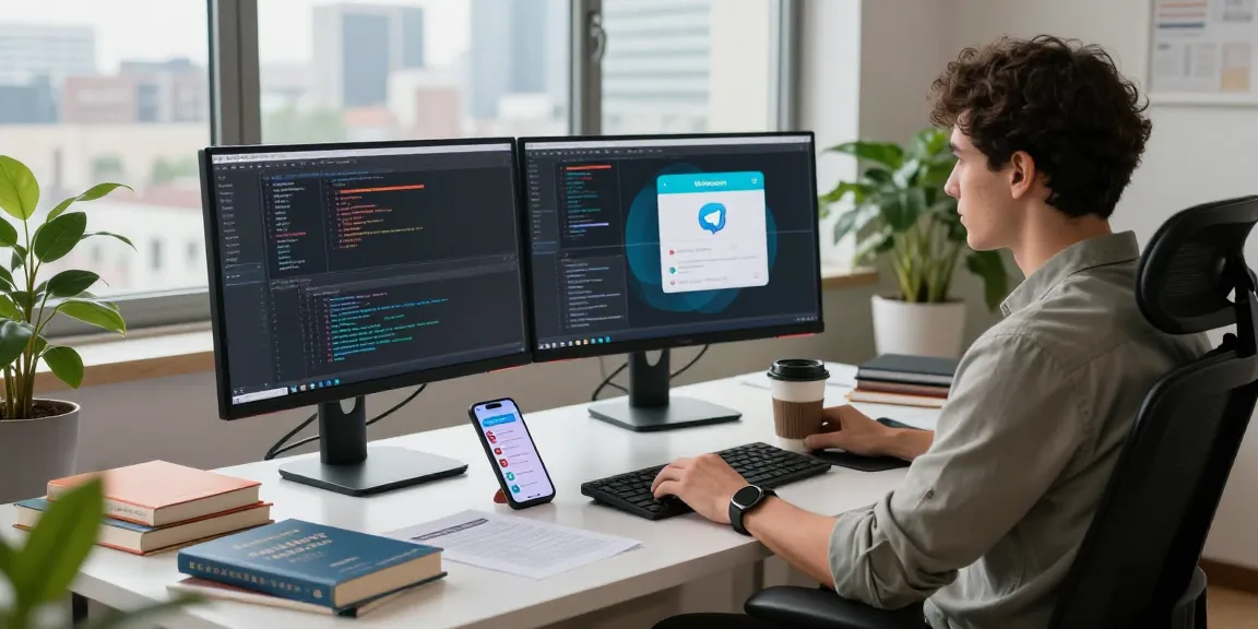 Developer coding while using Telegram Download on multiple screens in a modern workspace