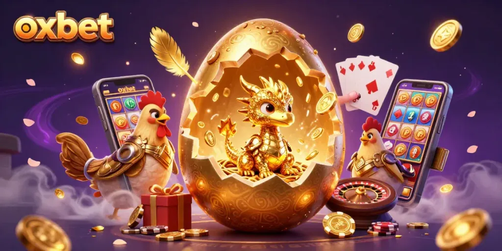 Experience exciting gaming action with Oxbet's golden dragon and poker chips in this immersive 3D illustration.