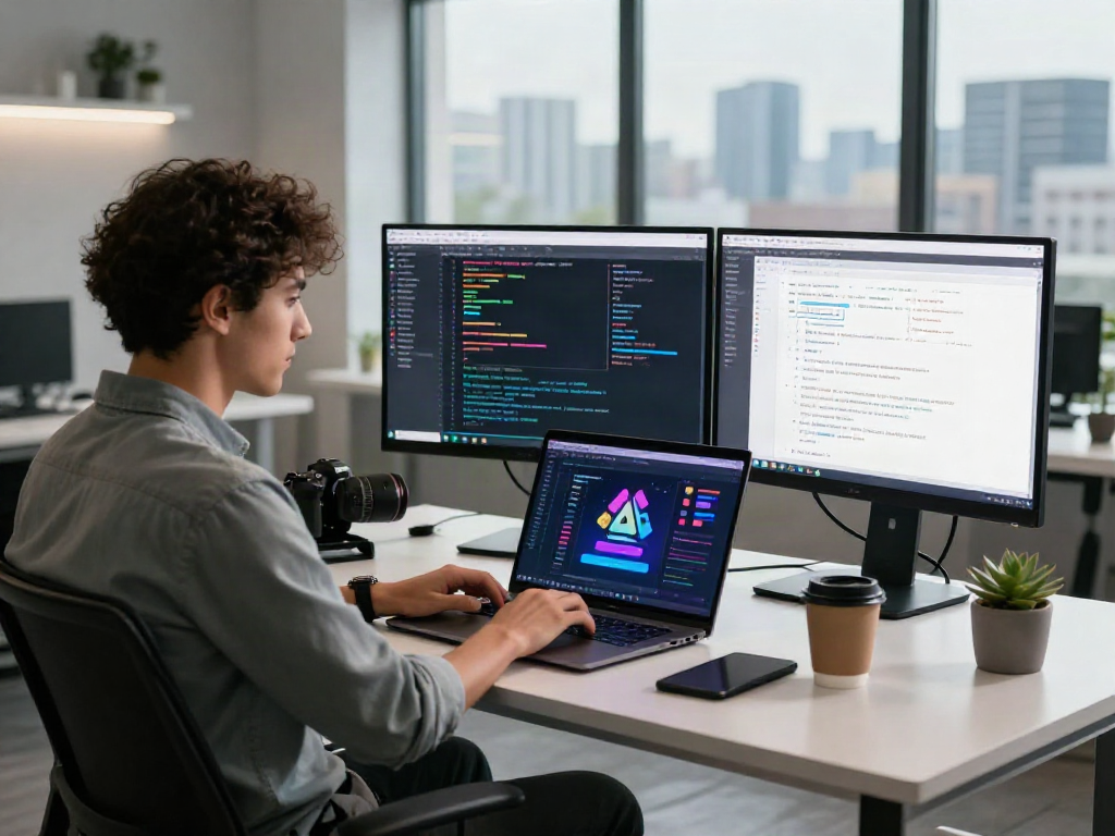 Innovative workspace showcasing crush ai software development with dual monitors and a creative environment