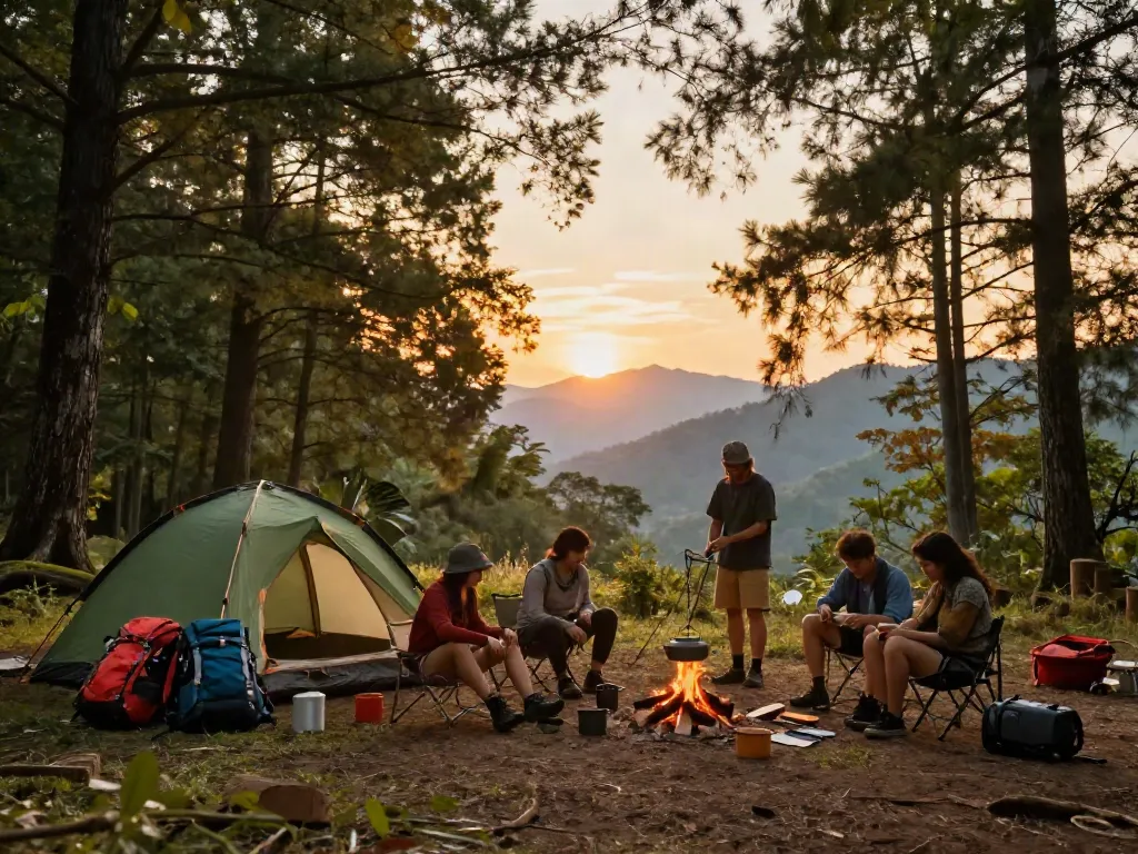 Camping adventure gear at sunset with friends enjoying nature and exploring rokok88 experiences.