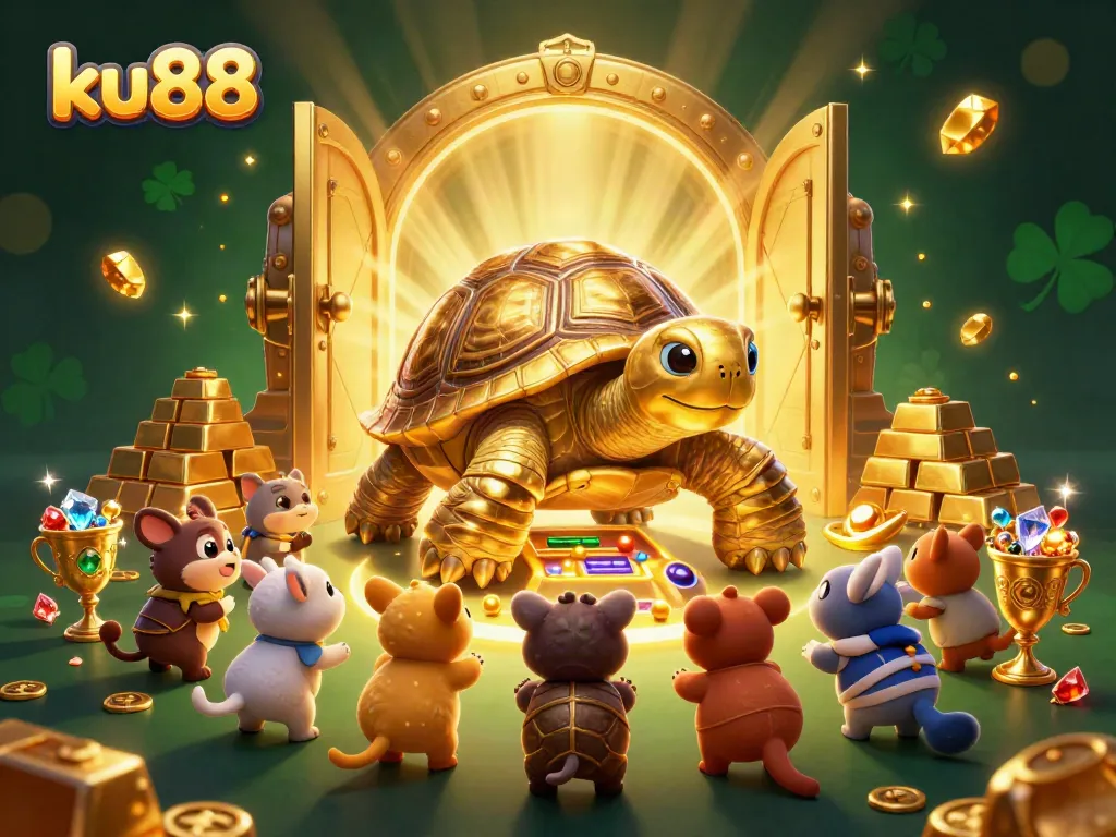 ku88 players enjoying a vibrant cartoon casino scene with golden treasures and dynamic gameplay elements.
