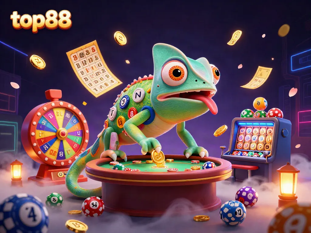 Win big with top88's vibrant casino-themed illustration showcasing exciting gaming elements.