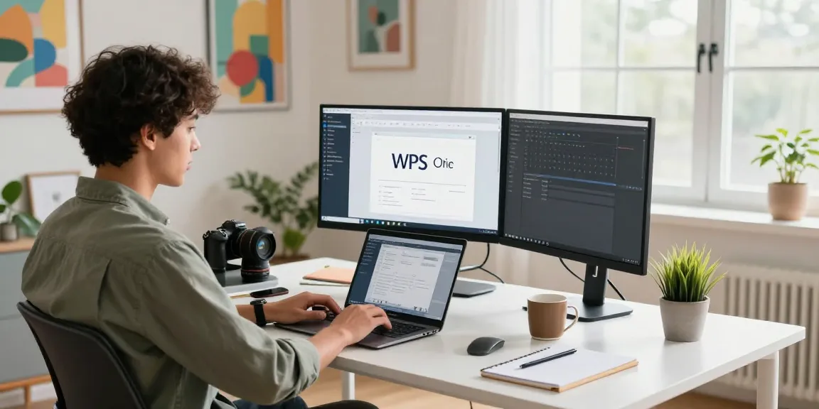 Download WPS Office showcased in a stylish home office with dual monitors, vibrant decor, and a professional at work.