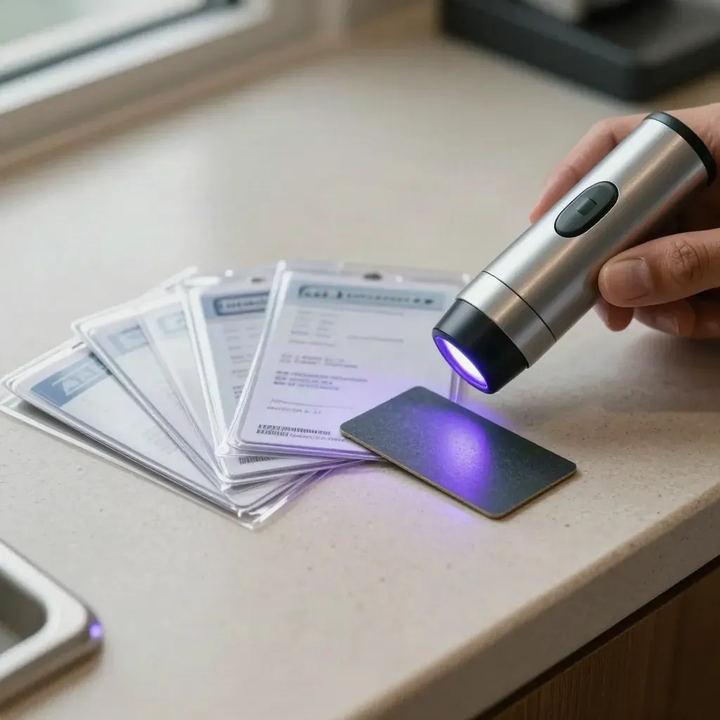 Top-down compliance screening kit with ID sleeves, UV torch, biometric reader and slate seal tags.