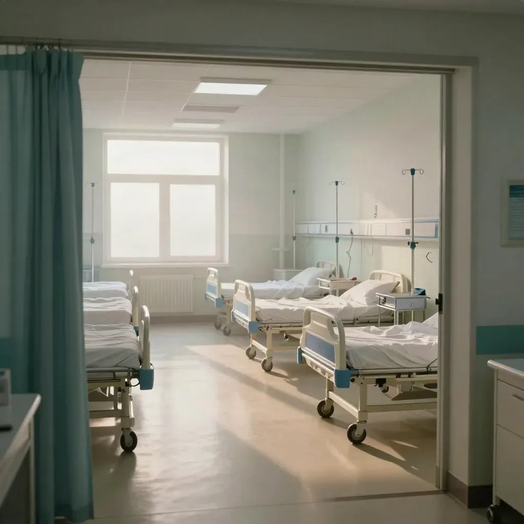 Empty acute-care ward with made beds, trolleys, and bright corridor light at dawn.