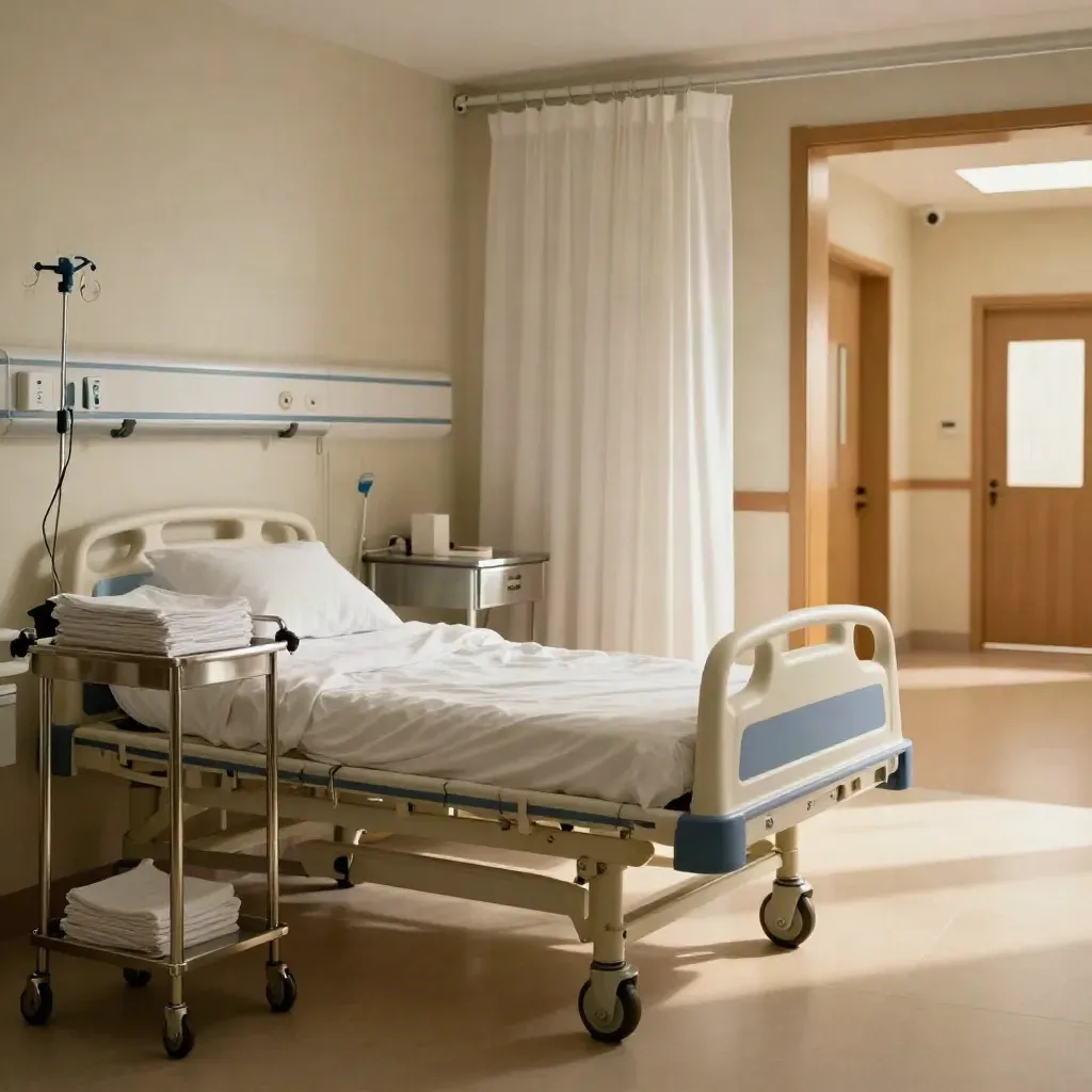 Empty high-dependency ward bay with made beds, linen trolley, and warm corridor light