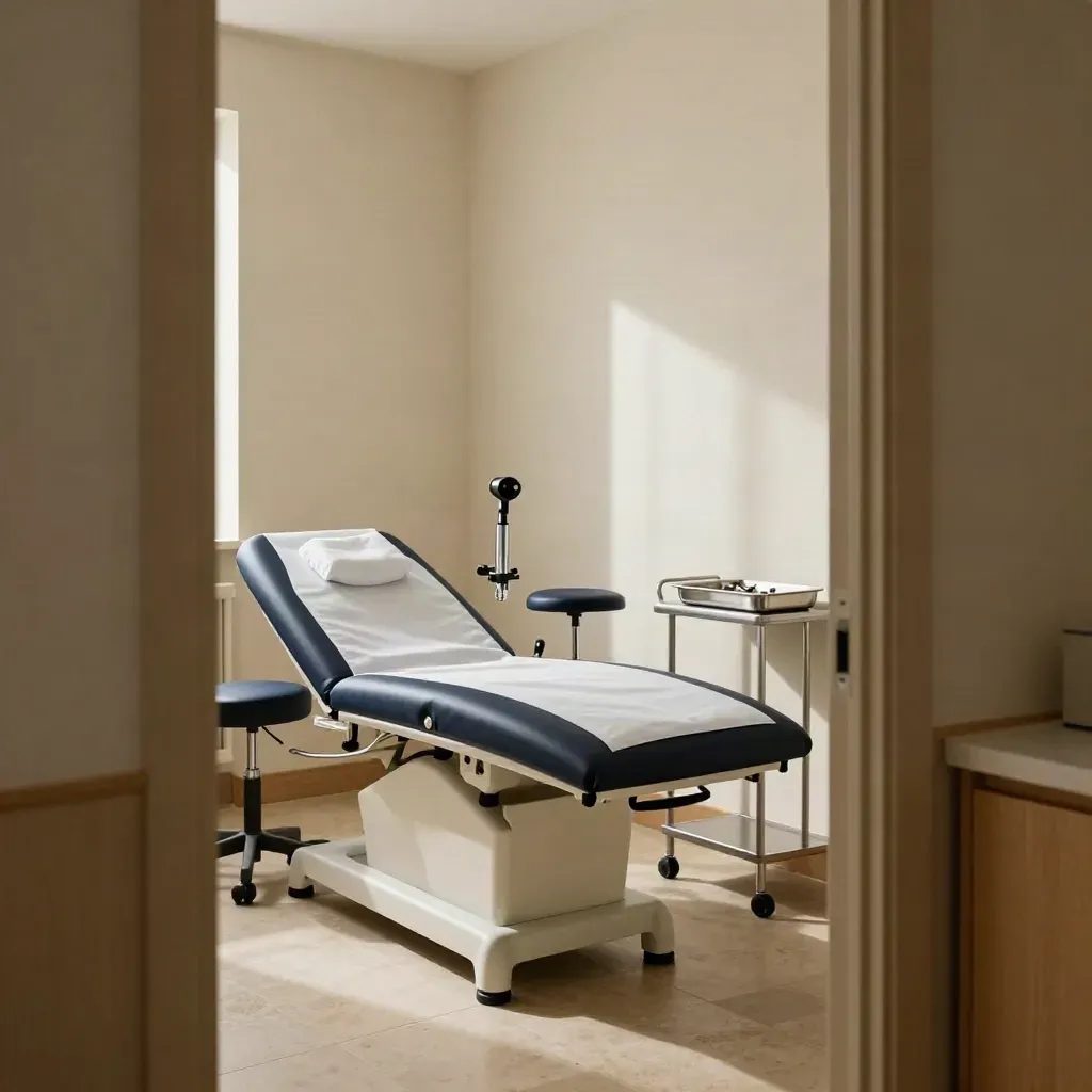 Pristine consulting room with exam couch, otoscope set, stool and tray in late afternoon light.