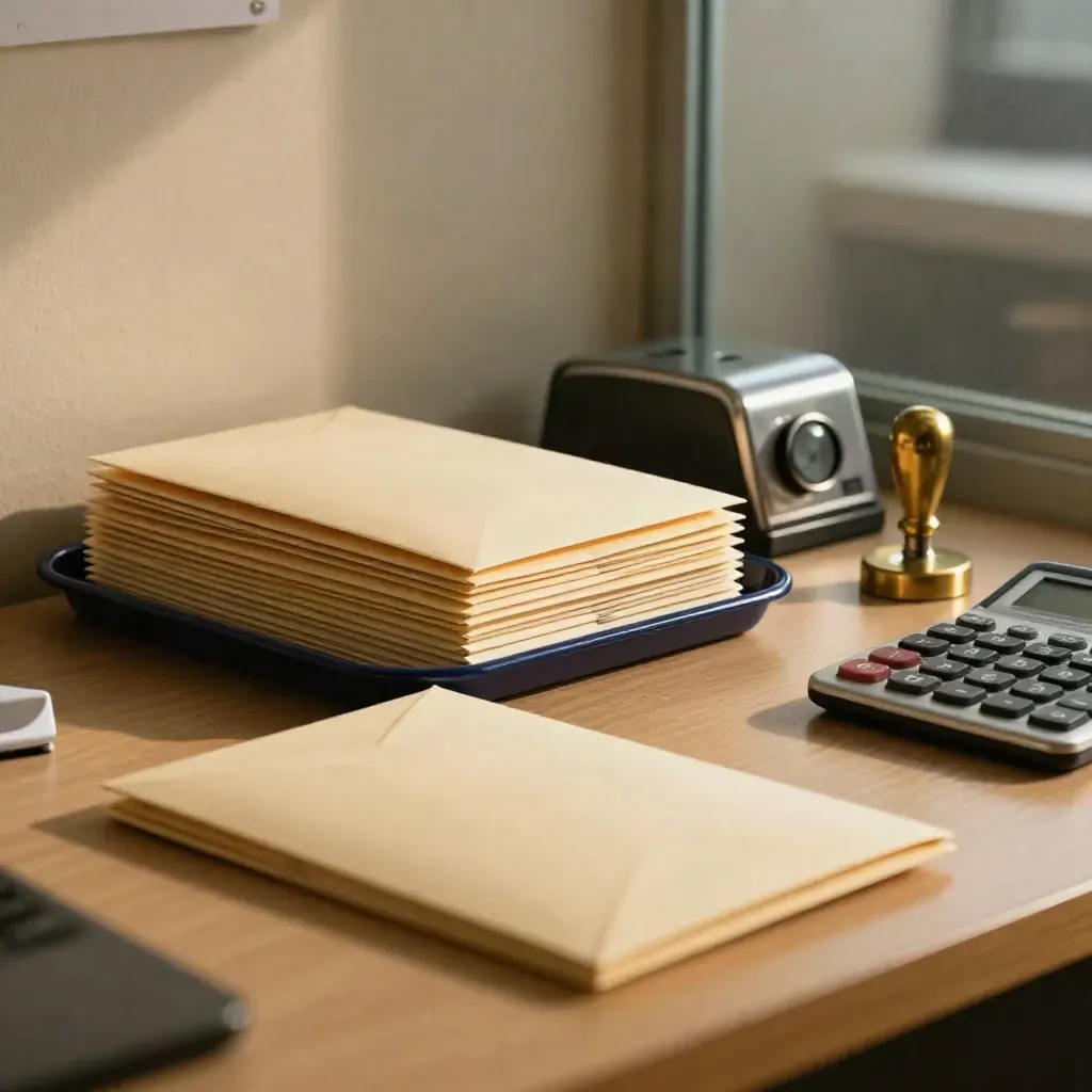 Payroll desk with sealed envelopes, time clock, brass stamp and calculator in warm late-afternoon light.