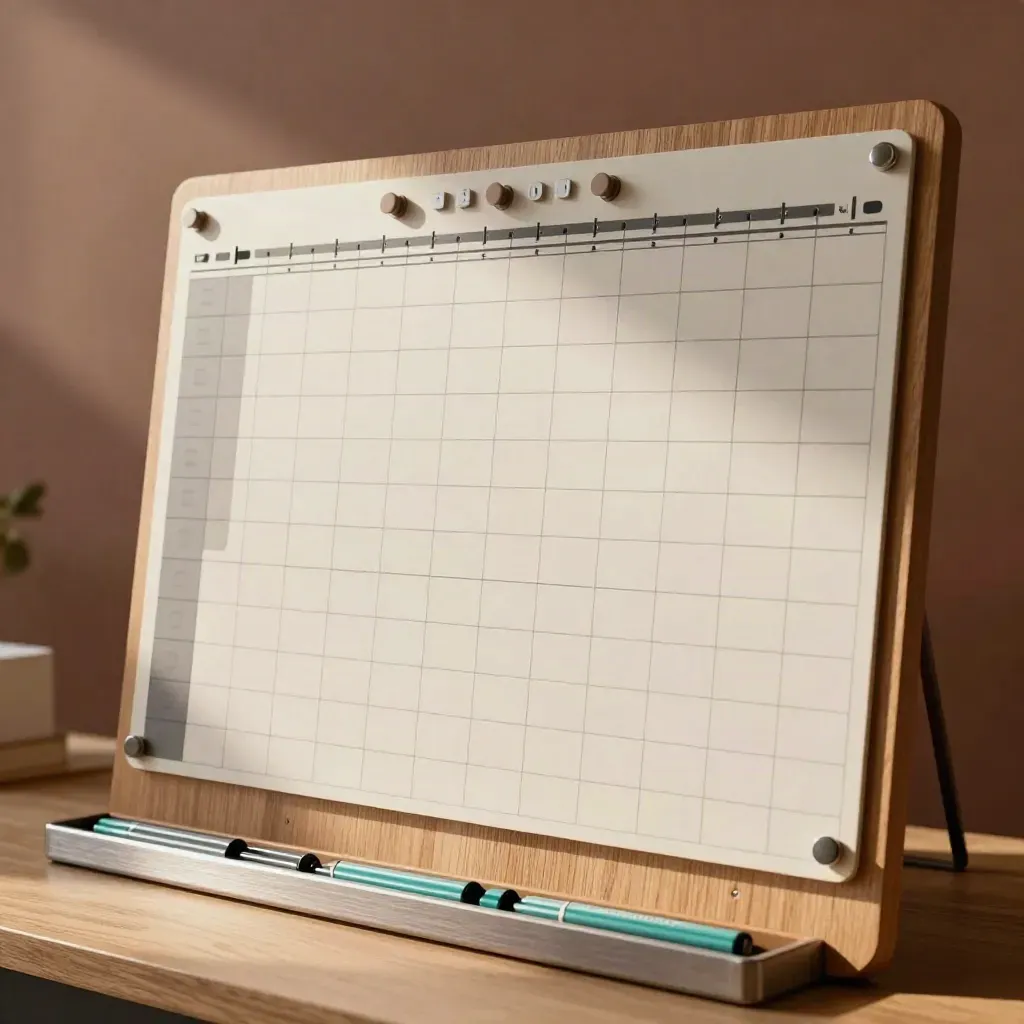 Diagonally arranged workforce planning board with blank magnetic blocks and teal pins in warm daylight.
