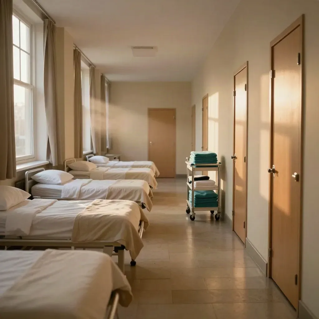 Reset hospital corridor with made beds and a linen cart, softly lit and empty