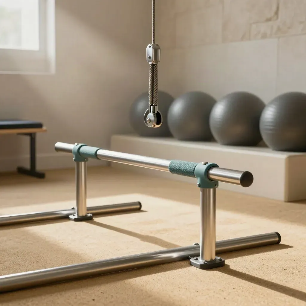 Extreme macro of a rehab bay with parallel bars, pulley rig, therapy balls, and plinths