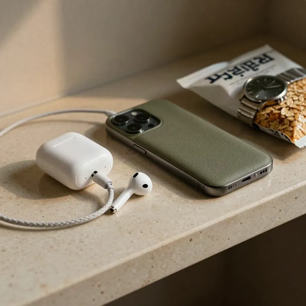 Travelling staff kit with charger, earbuds case, phone sleeve, and slim watch on travertine