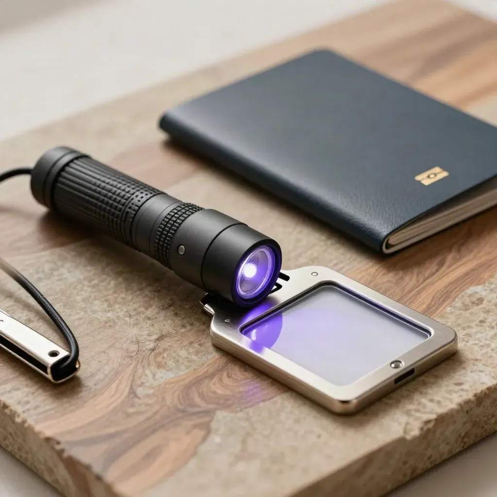 UV torch, passport cover, badge reel and fingerprint scanner pad on stone.