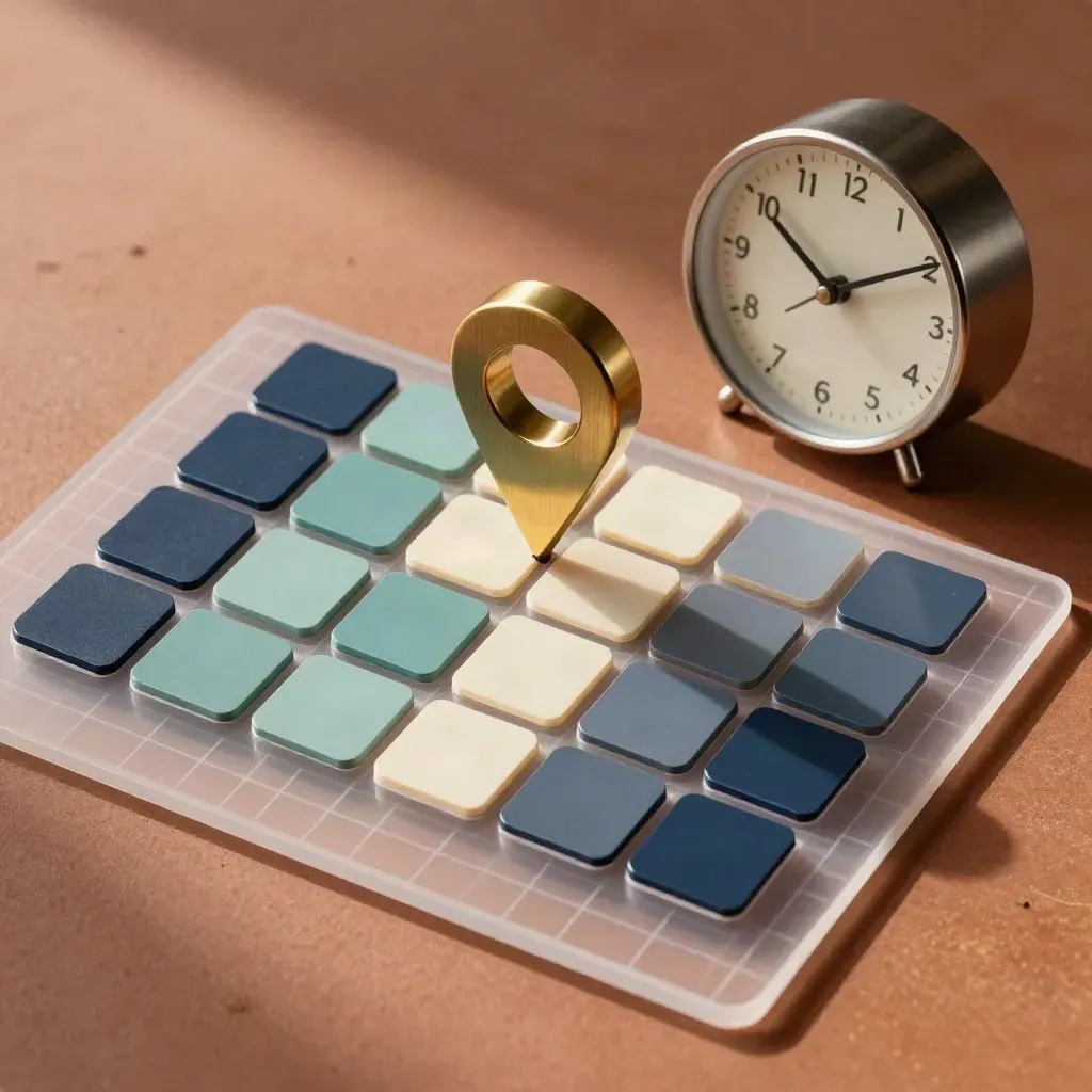 Shift tokens and a brass pin on terracotta with a desk clock and acetate grid