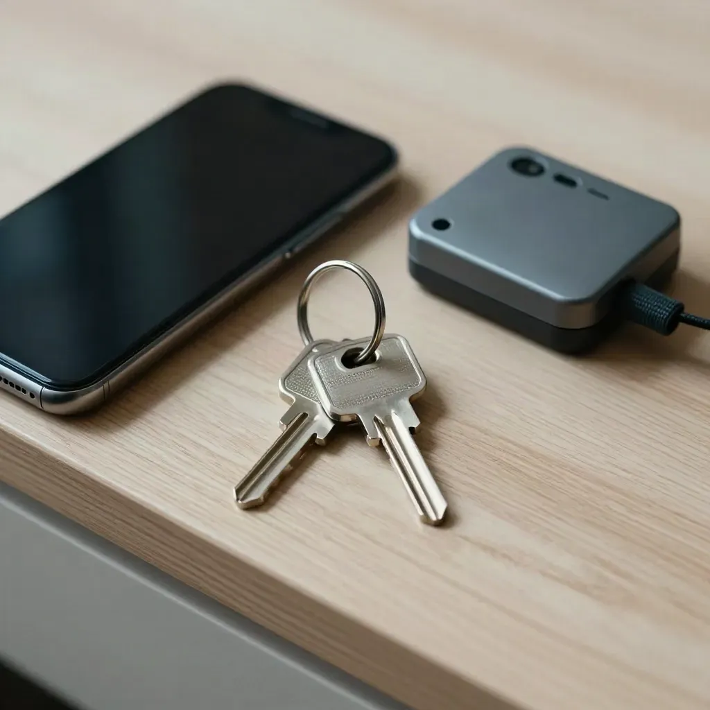 Overhead still life of a ward key ring, smartphone, and pager on pale oak in soft morning light.