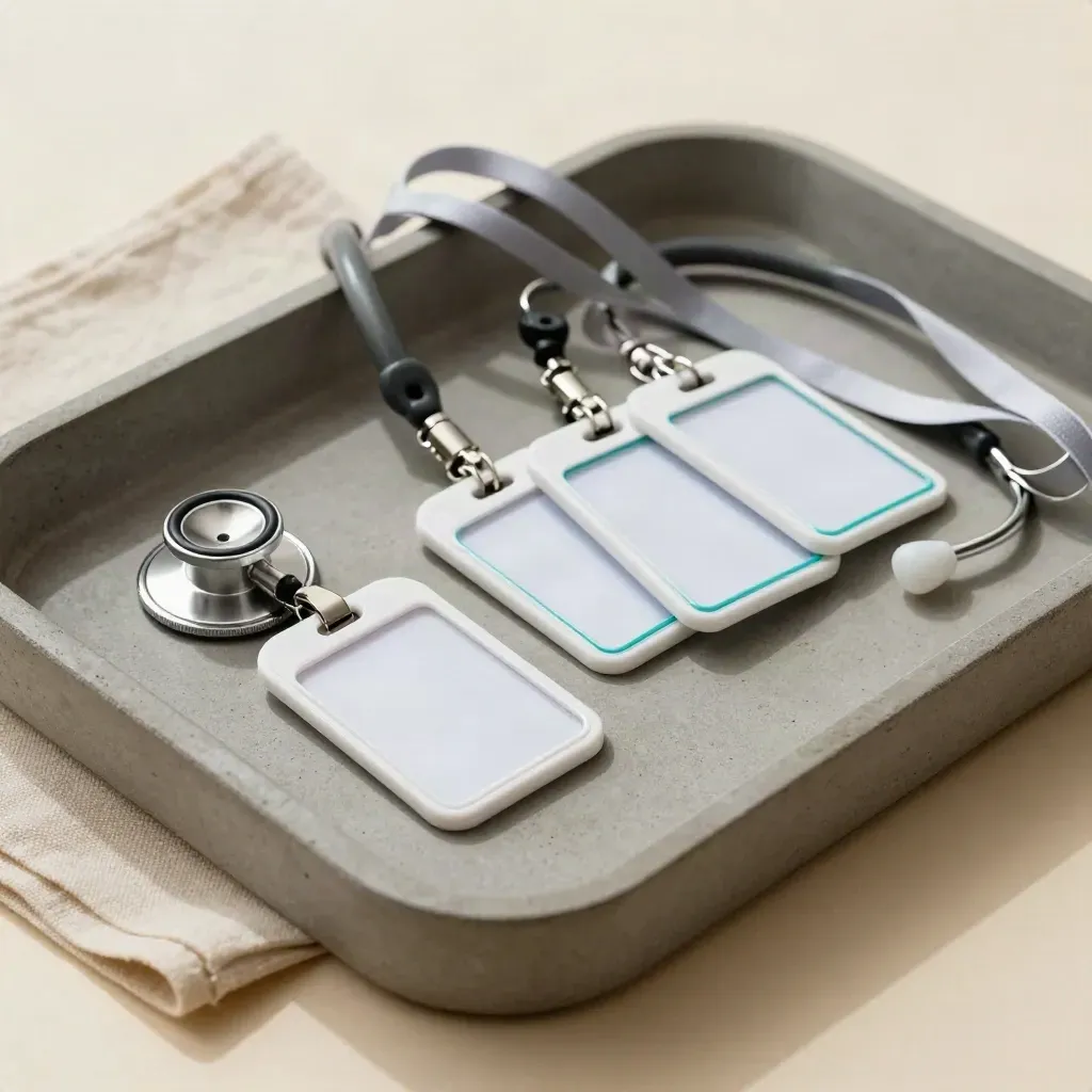 Badge reels, lanyards, and a stethoscope chestpiece on a concrete tray