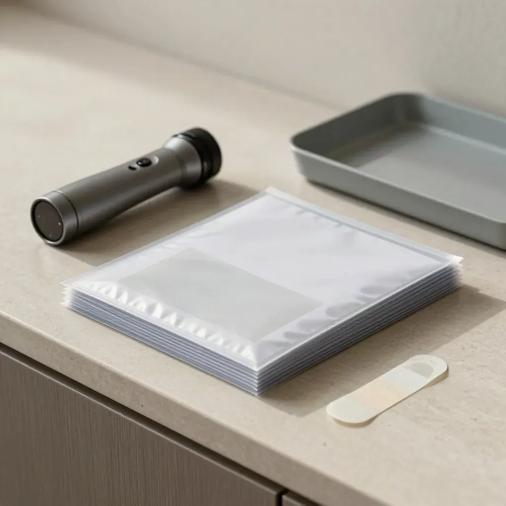 Sealed document sleeves, UV torch, tamper seal and archive tray on a stone ledge
