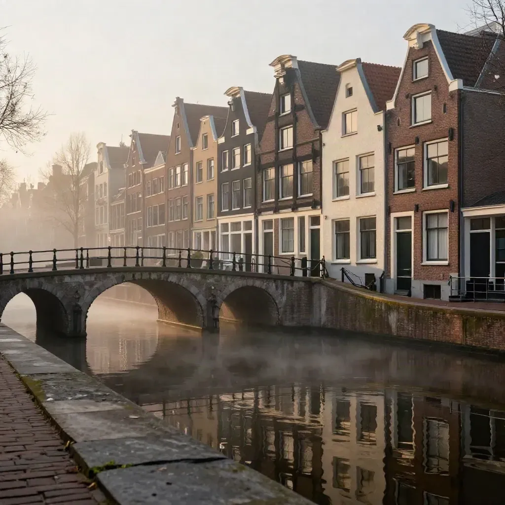 Amsterdam canal houses and bridge at dawn over misty still water