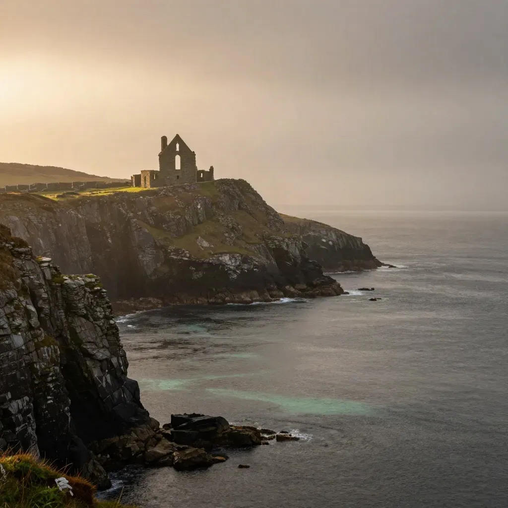 Irish west coast cliffs, abbey ruin, and misty Atlantic shelf under golden haze