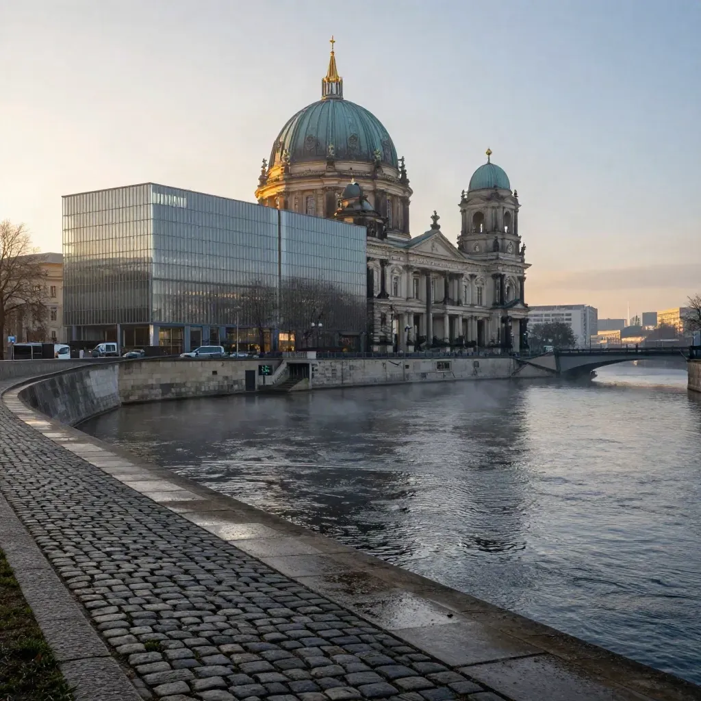 Berlin riverfront at golden hour with dome, glass facades and mist over a calm embankment.