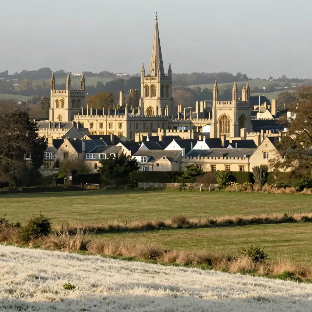 Oxford spires above soft green fields in warm late-afternoon haze