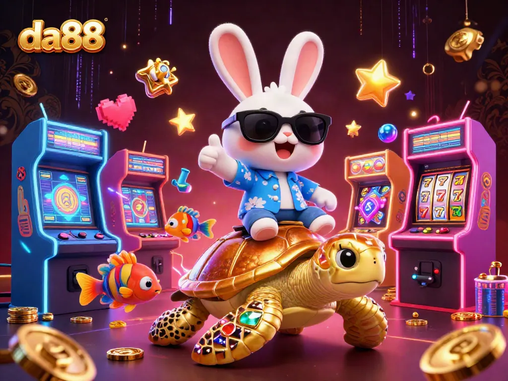 Experience winning at da88 with a lucky rabbit and giant golden turtle in a vibrant casino scene.