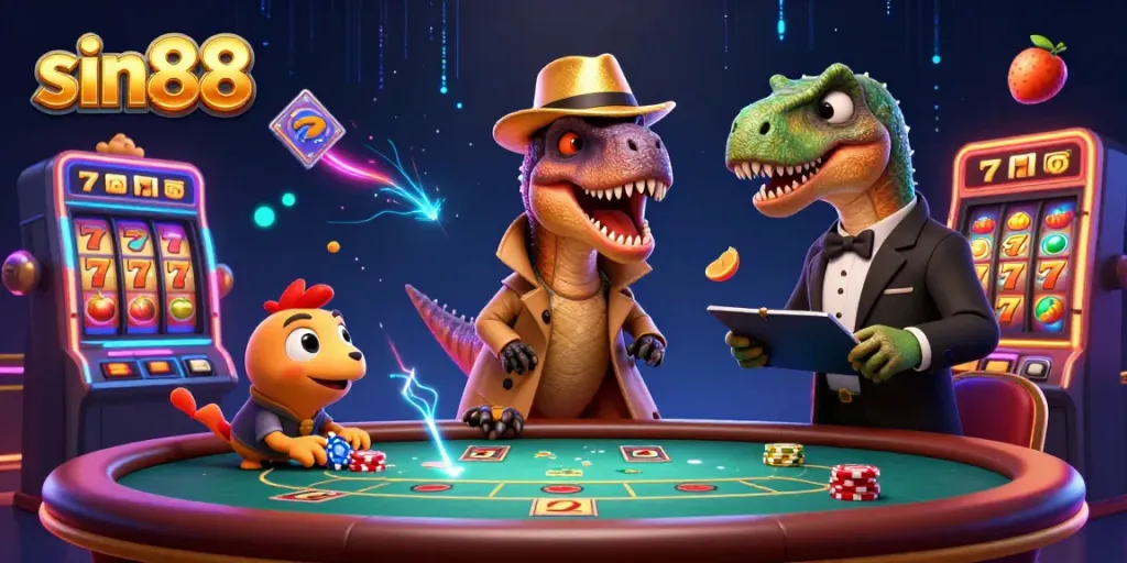 sin88 offers thrilling gambling experiences with a velociraptor card counter, dynamic slot elements, and a colorful casino scene