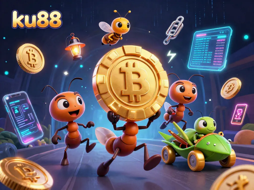 ku88 casino heist illustration featuring ants, poker chips, and crypto elements in a vibrant setting
