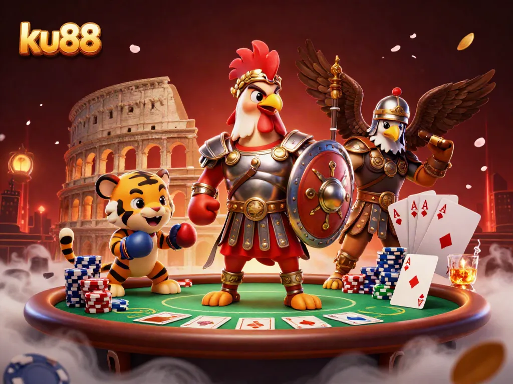 Experience thrilling poker action with ku88's unique characters in a vibrant casino ambiance.